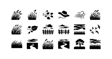 Nature silhouette icons: fields, trees, paths, and wind elements