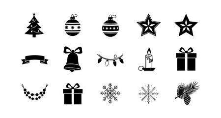 Christmas silhouettes: festive icons featuring trees, ornaments, and snowflakes