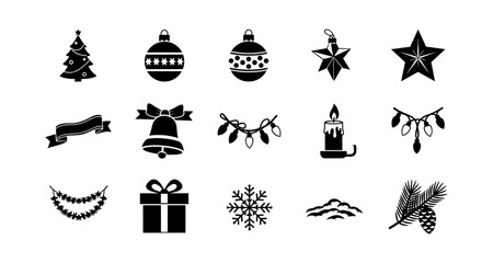 Silhouette christmas icons set: festive decorations and symbols collection