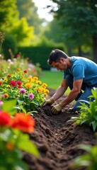 Landscapers Transform Barren Land into a Vibrant Garden with Meticulous Planting Techniques, Showcasing Lush Greenery and a Diverse Array of Blooming Flowers.