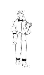 Diverse People Woman with totebag and cap holding plant – Black and White Line Art Architectural Style Vector Illustration
