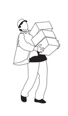 Diverse People Man with cap moving out carrying boxes – Black and White Line Art Architectural Style Vector Illustration