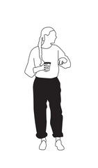 Diverse People Young adult woman carrying her coffee cup – Black and White Line Art Architectural Style Vector Illustration