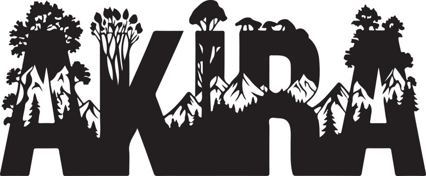 Word AKIRA formed by mountain and forest landscapes