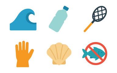 Environmental awareness: ocean wave, plastic waste, no fishing sign, and more vivid flat icons