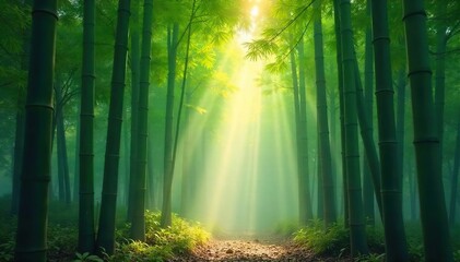 Ethereal Bamboo Forest at Dawn Mist-Shrouded Tranquility, Perfect for Meditation and Zen-Inspired Designs