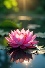 Serene Pink Lotus Blossoms on Calm Pond Sunlight Illuminates Delicate Petals, Ideal for Spa, Meditation, and Serenity Themes