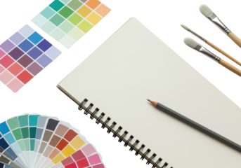 Art supplies including color palettes, sketchbook, pencil, and brushes are laid out.