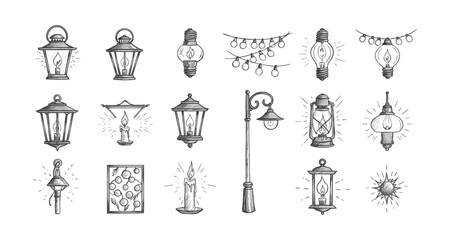 Hand drawn collection of vintage lanterns and light bulbs