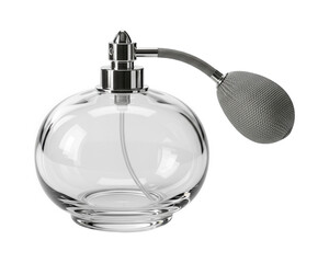 Vintage glass perfume atomizer with metallic bulb and clear liquid inside.