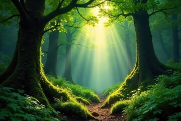 Magical Sunlight Dapples Temperate Rainforest Lush Green Canopy, Mossy Floor, Ancient Trees, Ferns, Wildflowers