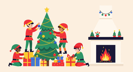 Naklejka premium Festive Elves Decorating Christmas Tree with Presents.
