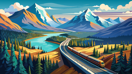 Very beautiful railroad to Denali National Park, Alaska, with impressive mountains visible across valleys, forests, and rivers punctuating the wild northern landscape as the train snakes into the Alas