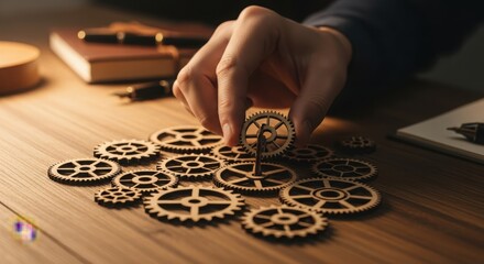 Naklejka premium Close up of a hand placing a gear among other gears on a wooden table, representing teamwork, collaboration, and problemsolving