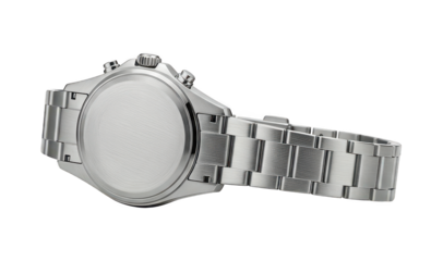 Stainless steel watch case and bracelet detail on black.