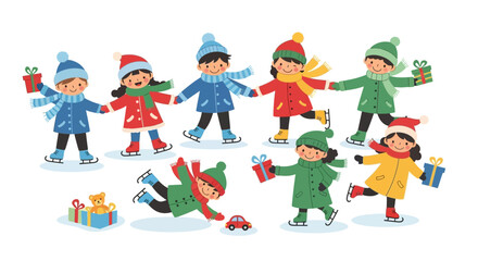 Cheerful Children Ice Skating with Christmas Gifts.
