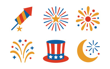 Obraz premium Flat red white blue fireworks and hat icons for patriotic celebrations