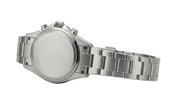 Stainless steel watch case and bracelet detail on black.