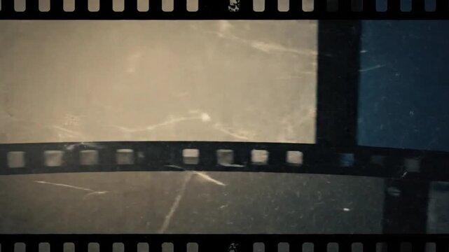 cinematic animation of old damaged film texture with dynamic rolling effect. Doodle noise, dust, scratches, and grain appear over 16mm and 35mm tape surfaces. Overexposed strips