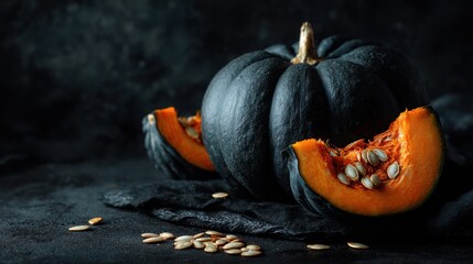 black pumpkin with slices and seeds