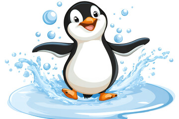 Naklejka premium A joyful cartoon penguin splashes in icy water with bubbles Animal Bird