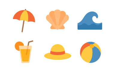 Beach essentials icons: summer elements collection in flat design