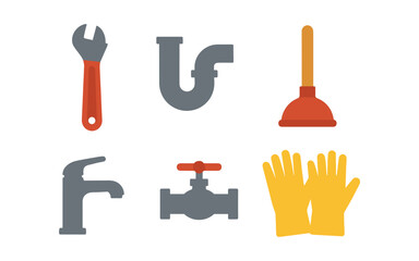 Plumbing tools and equipment set: wrench, pipe, plunger, faucet, valve, gloves