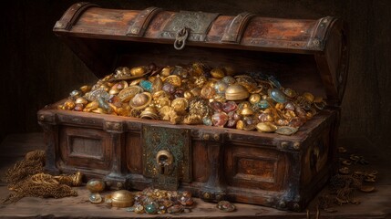 Treasure chest overflowing with gold coins and colorful jewels in a rustic setting