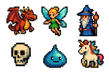 Pixel art fantasy icons: dragon, fairy, wizard, skull, slime, unicorn