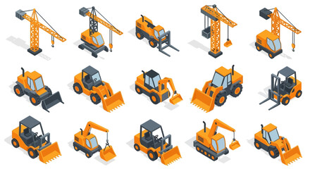 Isometric construction vehicles: cranes, bulldozers, excavators, and forklifts. © chriesenda