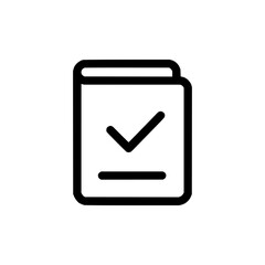 Black outline of a document with a checkmark and a line indicating completion on a white background