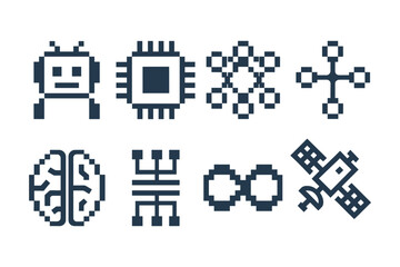 Obraz premium Retro pixel technology icons featuring robot, microchip, and brain designs