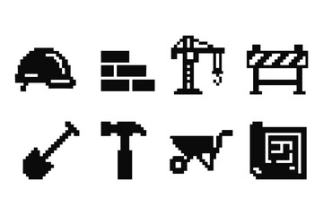 Pixel art construction icon set with tools and machinery