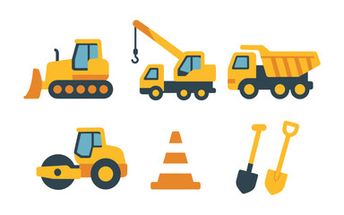 Construction equipment flat design: bulldozer, crane, dump truck, and tools set