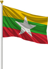 Realistic Myanmar Flag Waving on Pole with Silk Fabric Texture, 3D Render Isolated on Transparent Background