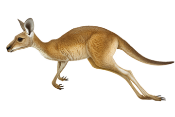 A realistic illustration of a brown kangaroo in mid leap side view with a transparent background