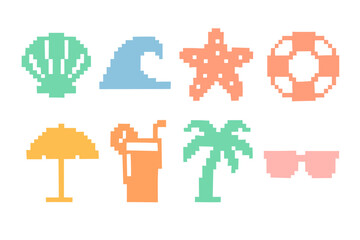 Obraz premium Pixel art summer icons: tropical elements and beach symbols