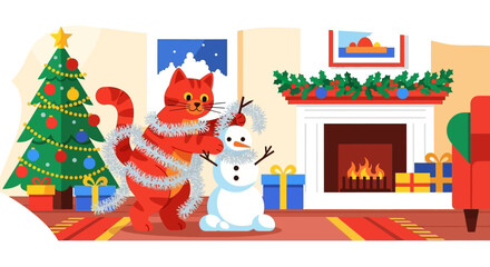 Obraz premium Festive Red Cat Decorating a Snowman for Christmas.