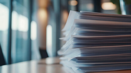 A stack of documents sits on a table, representing paperwork, business, bureaucracy, and organizational challenges. The image conveys the demands and complexities of modern workflows.