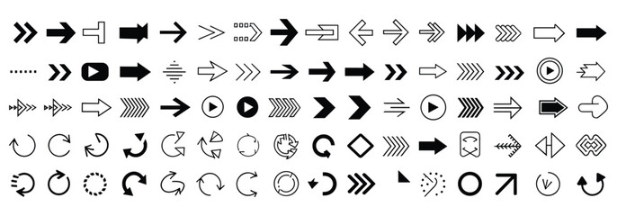 Collection of diverse black and white arrow icons and symbols on a white background direction navigation