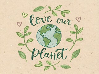 Naive eco illustration: globe encircled by leafy vines with the phrase “Love Our Planet” on recycled-paper texture. Perfect for Earth Day, sustainability campaigns, posters, packaging and social posts