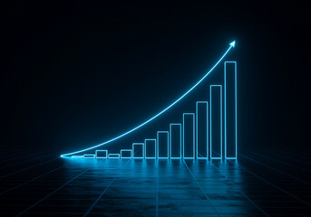 Glowing blue bar graph with upward trending arrow symbolizing financial growth and success