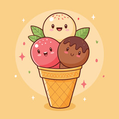 Melting ice cream with colorful candy sprinkles on wafer background. Waffle cone with dripping pink dessert texture. Minimal flat design for template banner, poster, label, Vector illustration