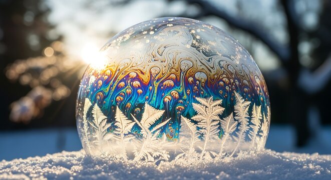 Frozen soap bubble on the snow with iridescent colors and ice crystals beautiful winter scene