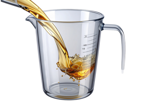 Pouring oil into a measuring cup isolated on transparent background