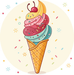Melting ice cream with colorful candy sprinkles on wafer background. Waffle cone with dripping pink dessert texture. Minimal flat design for template banner, poster, label, Vector illustration
