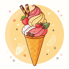Melting ice cream with colorful candy sprinkles on wafer background. Waffle cone with dripping pink dessert texture. Minimal flat design for template banner, poster, label, Vector illustration