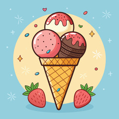 Melting ice cream with colorful candy sprinkles on wafer background. Waffle cone with dripping pink dessert texture. Minimal flat design for template banner, poster, label, Vector illustration