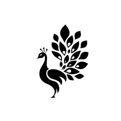 Obraz premium Elegant black peacock silhouette with fanned tail feathers, a stylized majestic bird icon or logo concept on a white background.