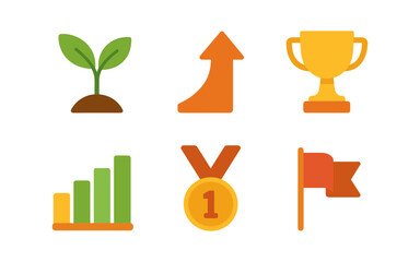 Flat style icons of growth, achievement, and success with plants and awards